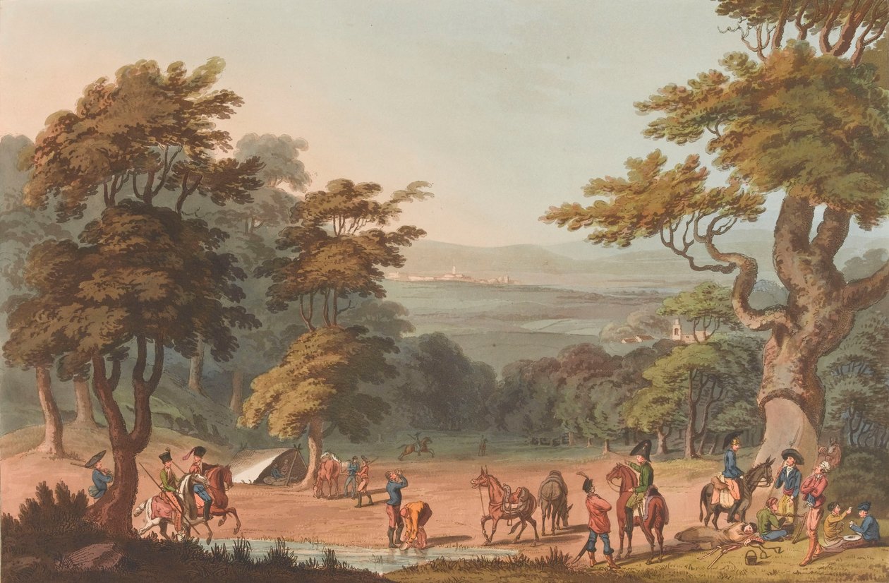 En fjern utsikt over Ciudad Roddrigo, ca. 1810-11 (akvatint, farget) av Thomas Staunton (after) St. Clair