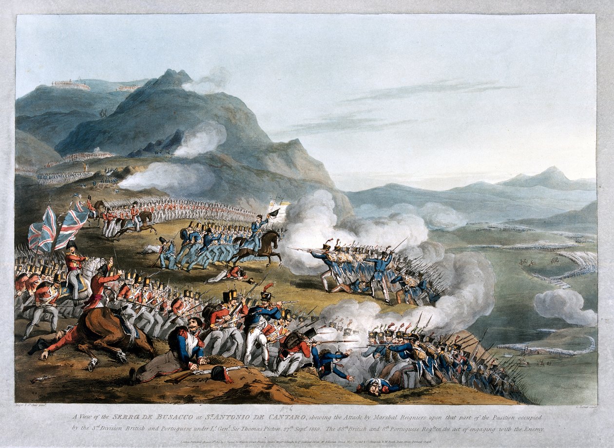 En utsikt over Sierra de Busaco ved St. Antonio de Cantaro, som viser angrepet av marskalk Reigniers, gravert av Charles Turner, publisert 1812 (akvatint) av Thomas Staunton St. Clair