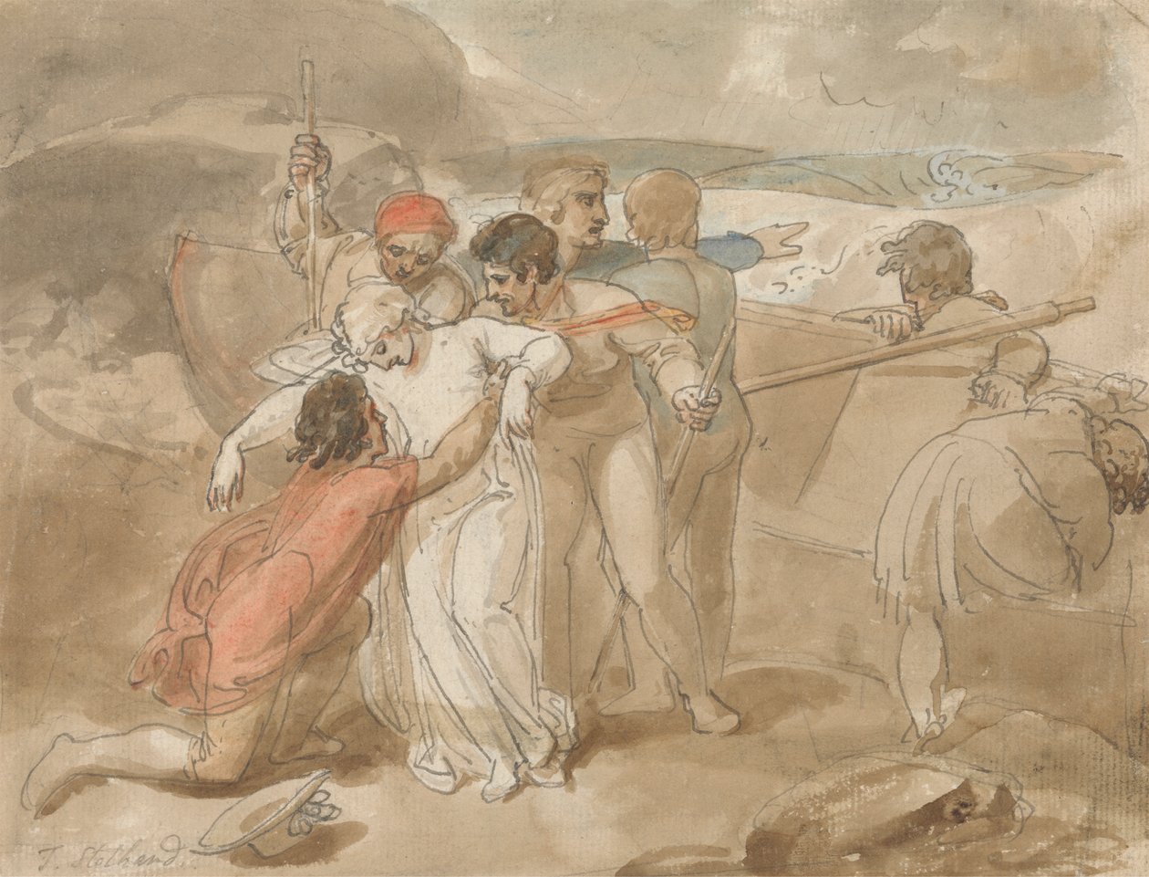 En kvinne reddet fra havet og assistert i land, robåt og redningsmenn i bakgrunnen av Thomas Stothard