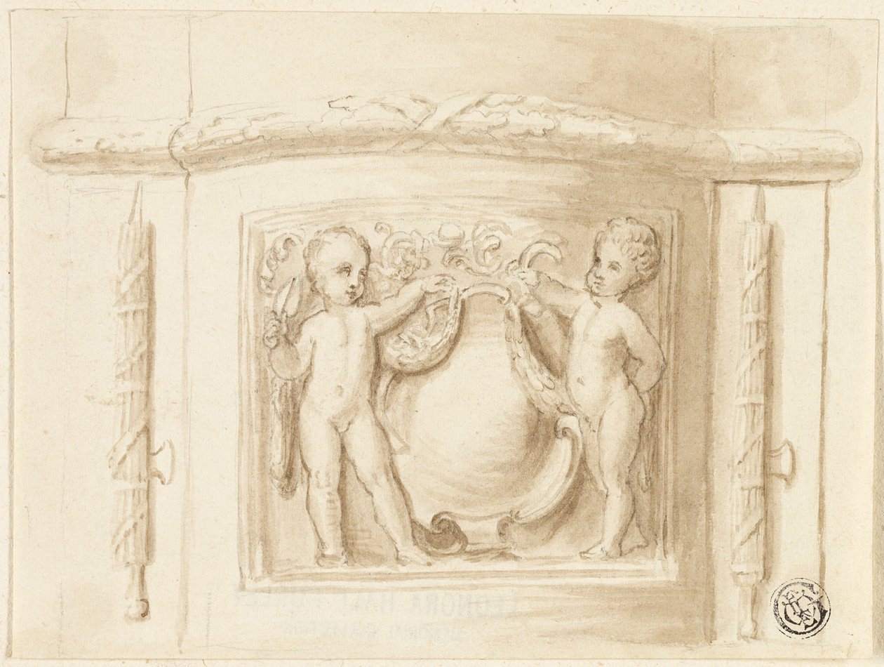 Base av pilaster med relieff, med 2 putti, skjold av Thomas Stothard