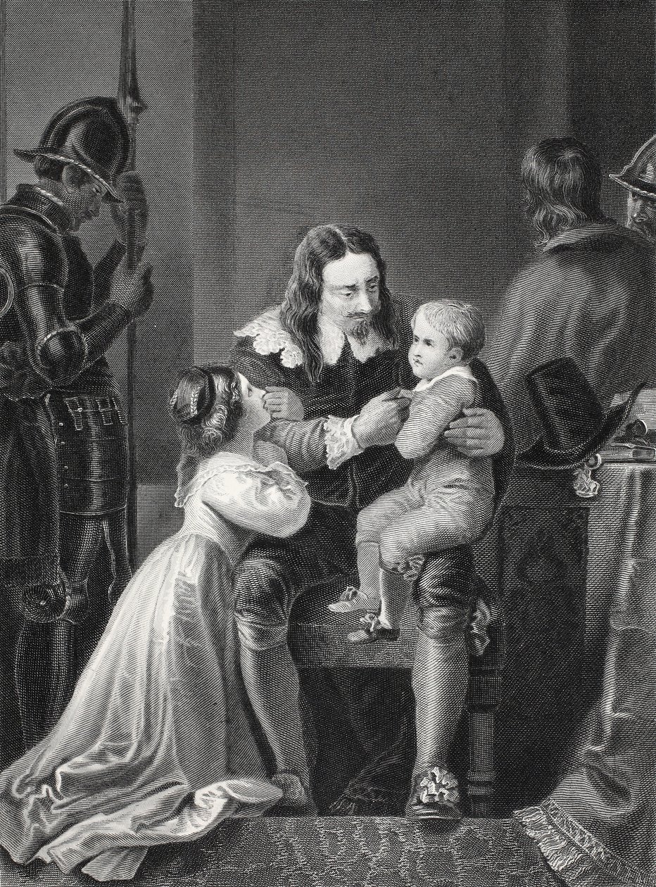 Kong Charles I av England tok farvel med barna før han ble henrettet, gravert av A.H. Payne av Thomas Stothard
