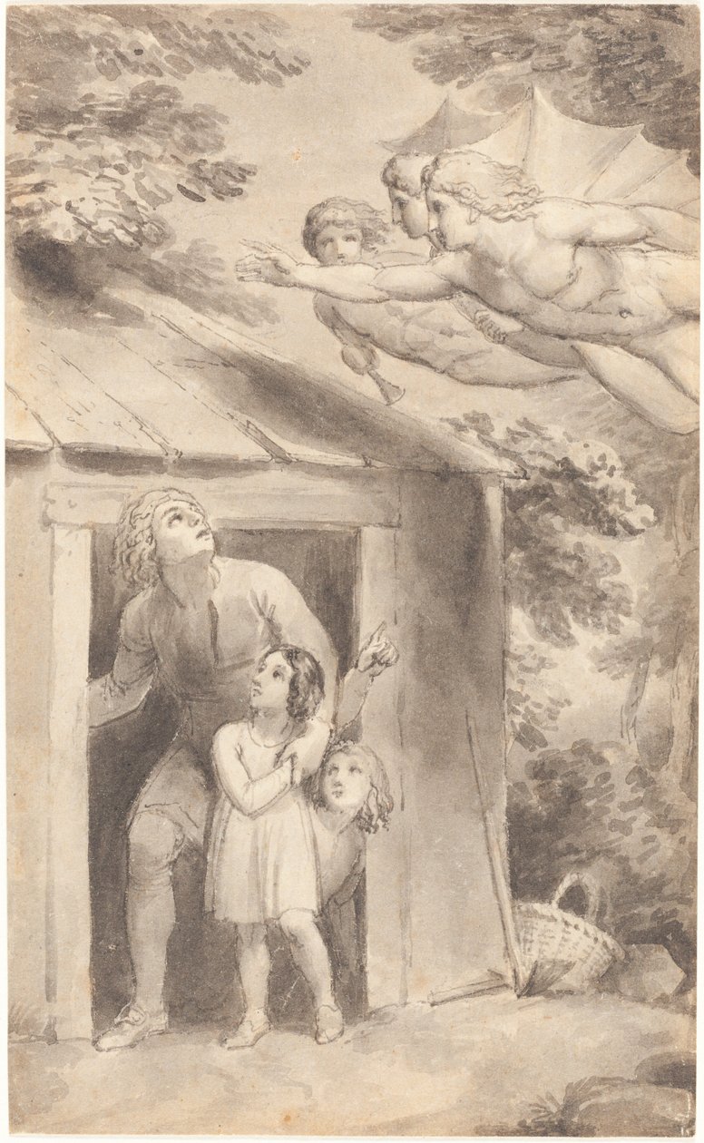 Peter og hans barn besøkt av tre flygende figurer av Thomas Stothard
