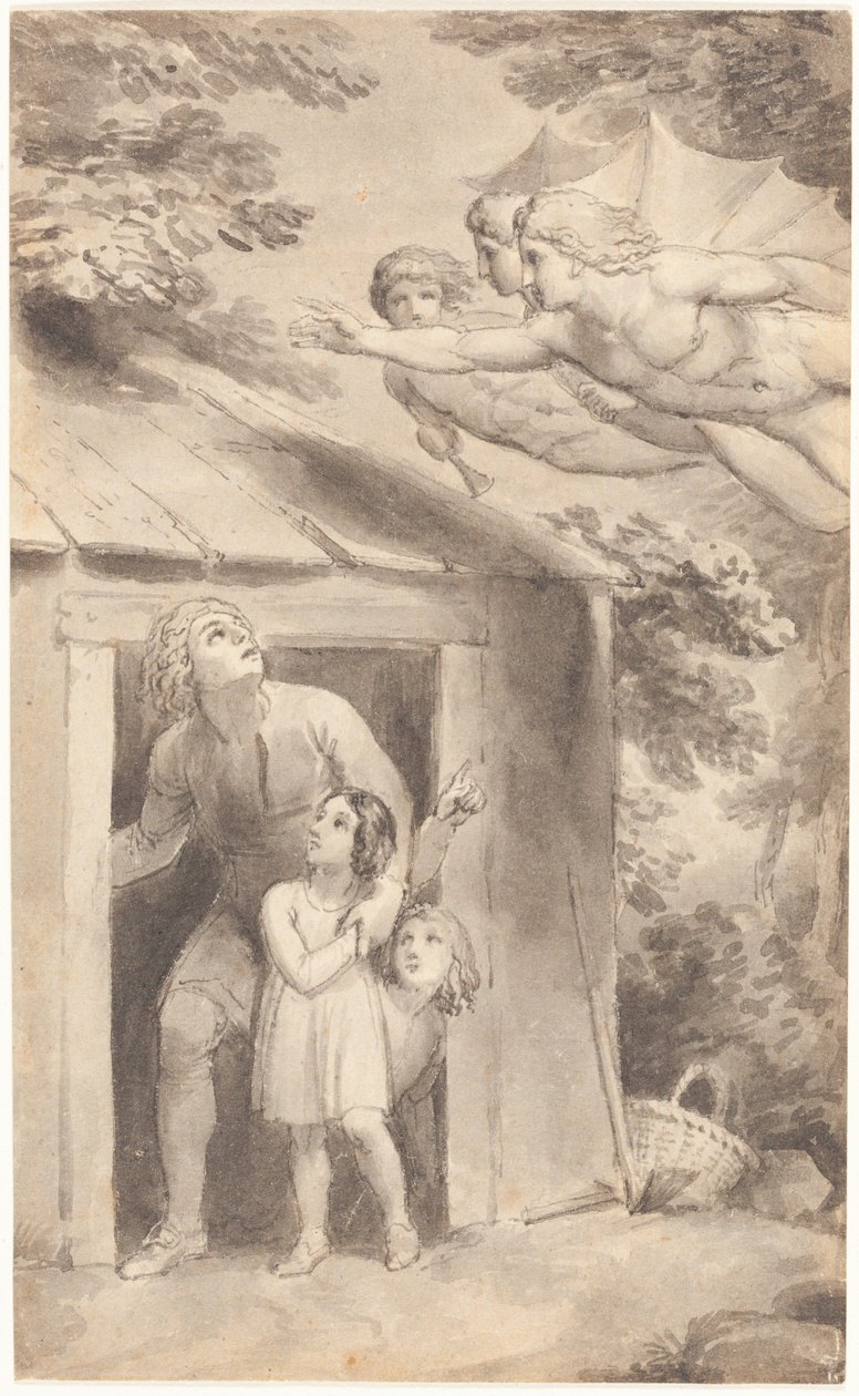 Peter og hans barn besøkt av tre flygende skikkelser av Thomas Stothard