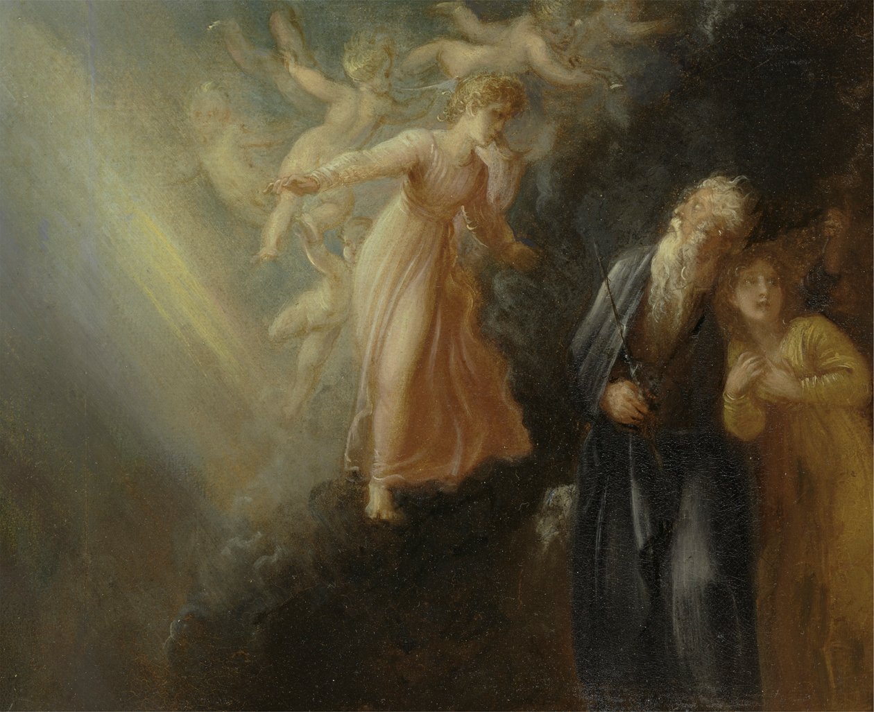 Prospero, Miranda og Ariel, fra "The Tempest," Act I, scene ii av Thomas Stothard