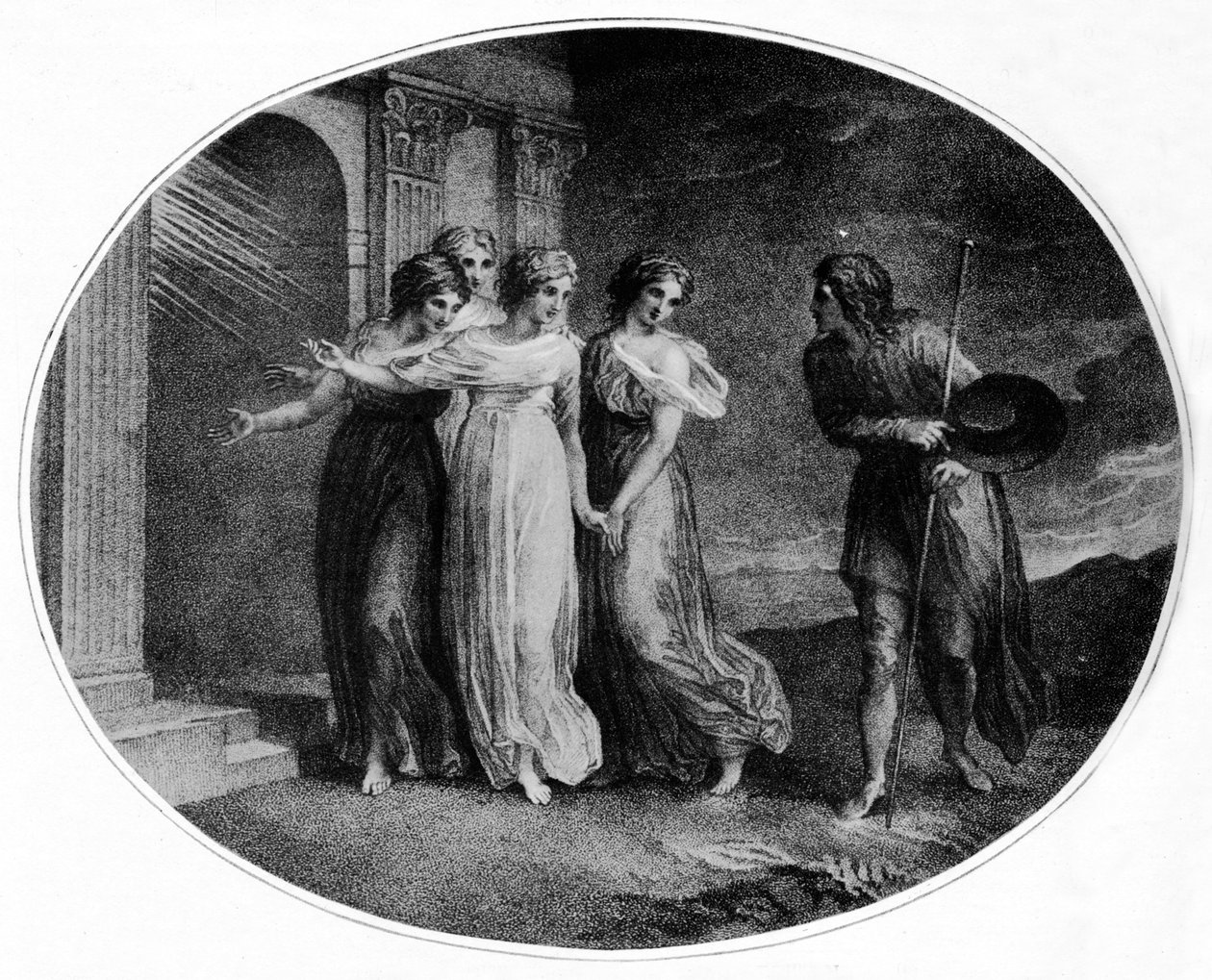 Forsiktighet, fromhet, nestekjærlighet og diskresjon som inviterer Christian inn i det vakre palasset, 1789, 1912 av Thomas Stothard