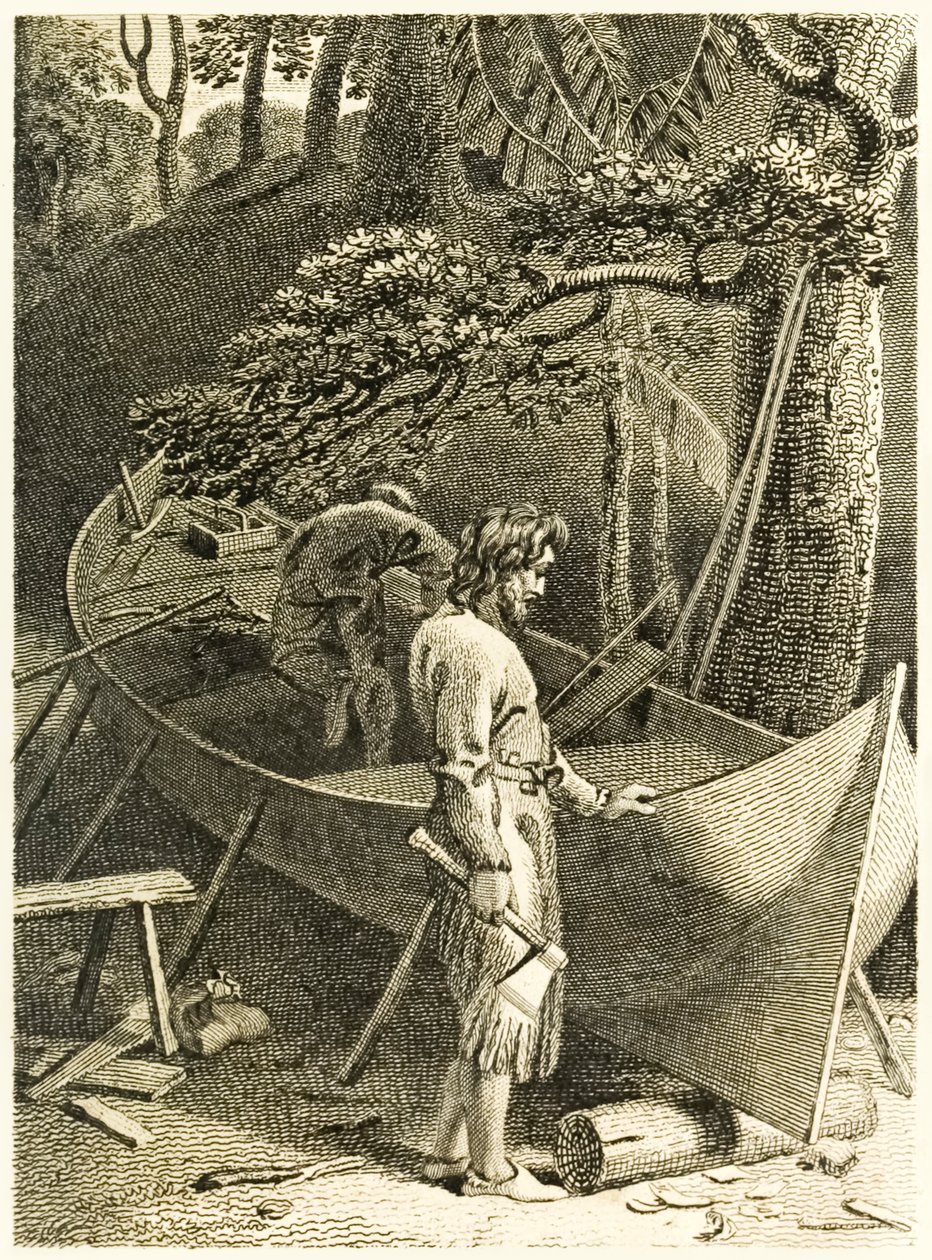 ?Robinson Crusoe og fredag lager en båt? fra ?The Life and Strange Surprising Adventures of Robinson Crusoe, or York, Mariner? av Daniel Defoe av Thomas Stothard