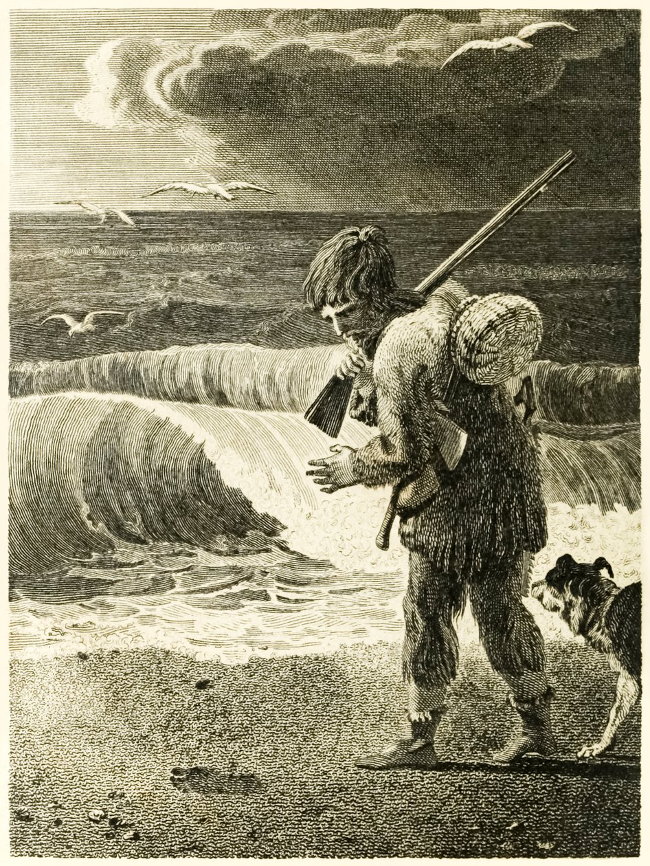 ?Robinson Crusoe oppdager avtrykket av en manns fot? fra ?The Life and Strange Surprising Adventures of Robinson Crusoe, or York, Mariner? av Daniel Defoe av Thomas Stothard