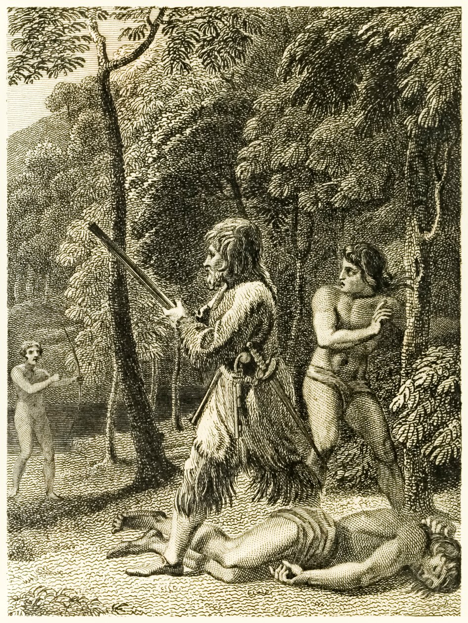 ?Robinson Crusoe først ser og redder mannen sin fredag? fra ?The Life and Strange Surprising Adventures of Robinson Crusoe, or York, Mariner? av Daniel Defoe av Thomas Stothard