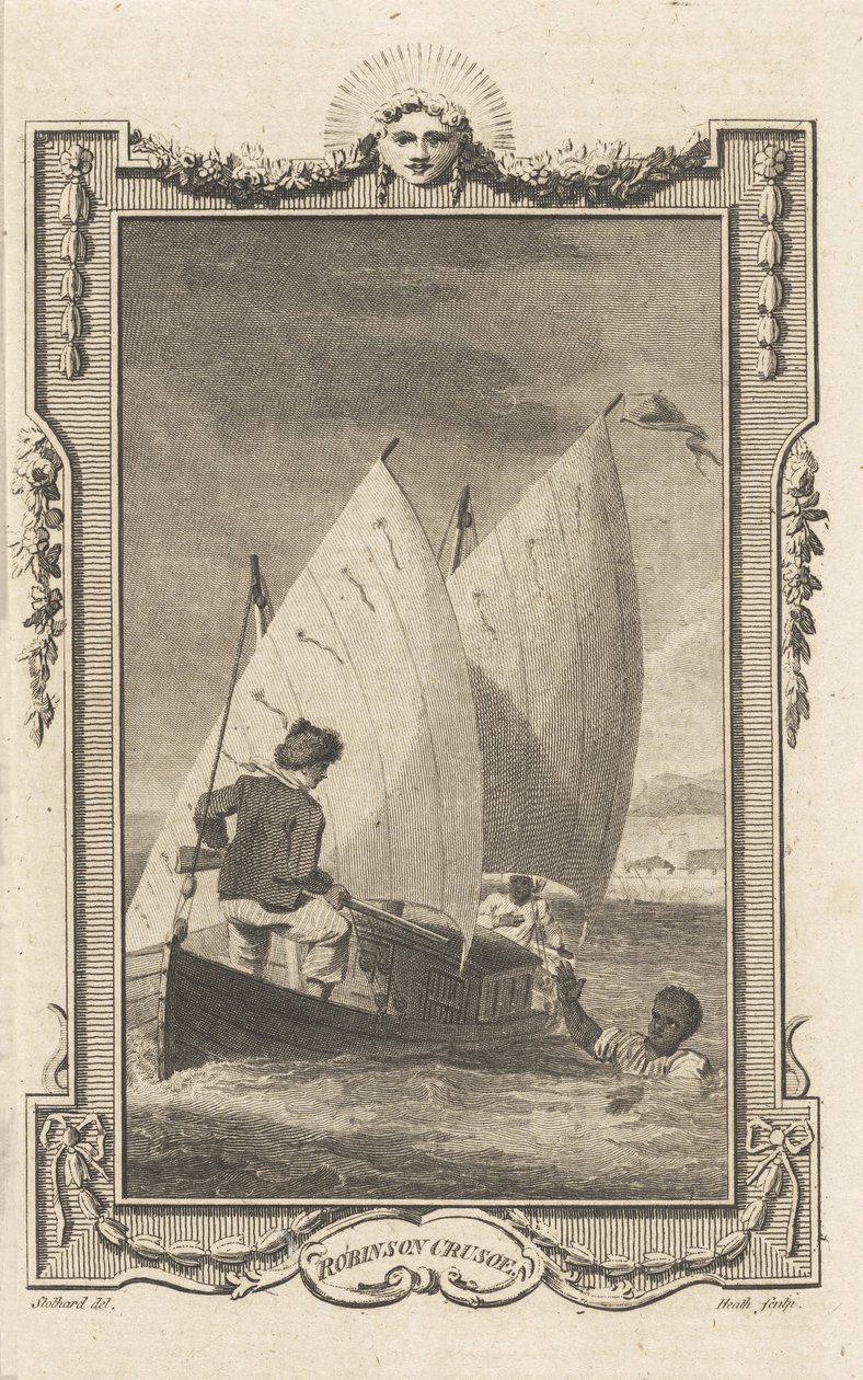 Robinson Crusoe, fra Novelists Magazine, pub. 1781 av Thomas Stothard