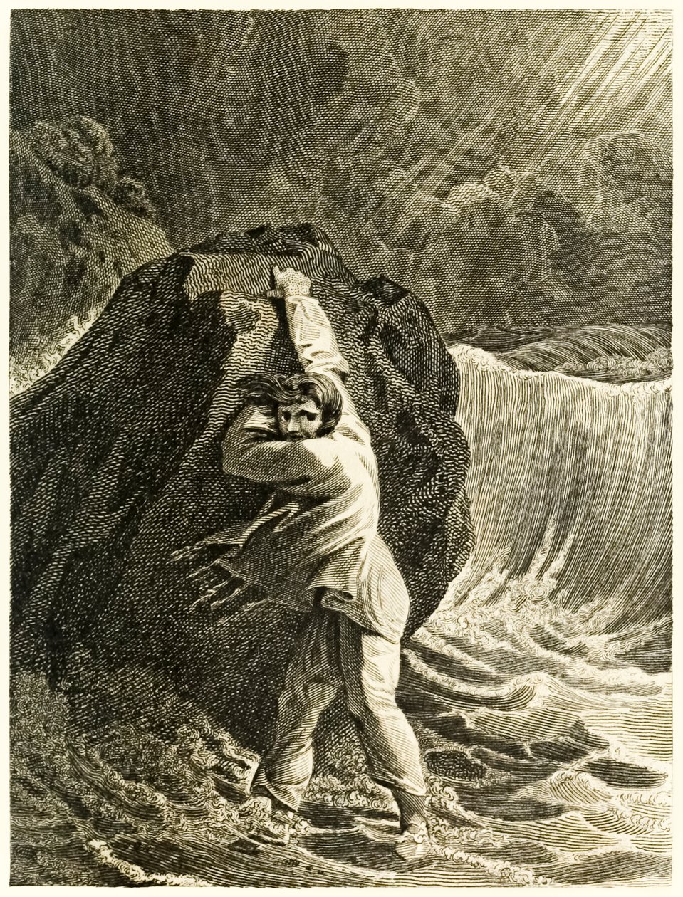 ?Robinson Crusoe forliste og klamret seg til en stein? fra ?The Life and Strange Surprising Adventures of Robinson Crusoe, or York, Mariner? av Daniel Defoe av Thomas Stothard