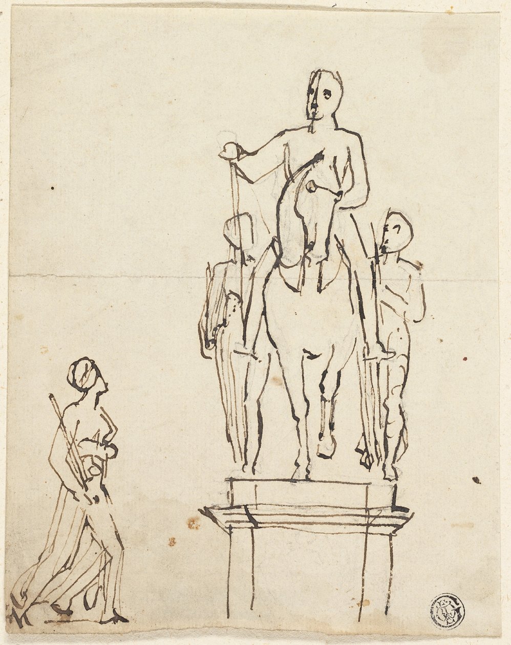 Skulptur av rytter akkompagnert av to stående figurer, med skisse av en av de siste av Thomas Stothard