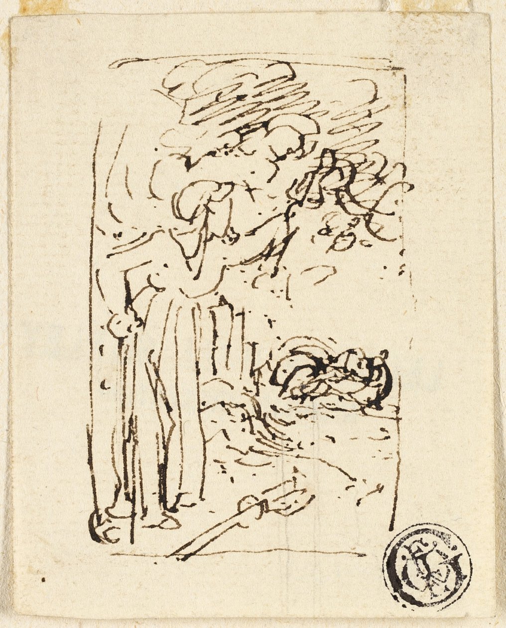 Skisse av figur som lener seg på stokk av Thomas Stothard