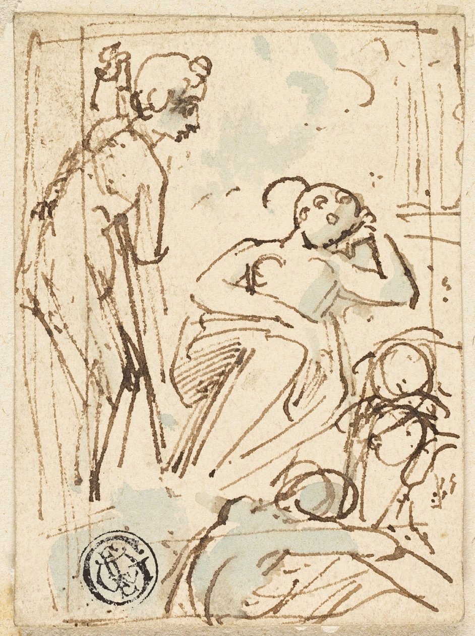 Skisse av mann som lener seg på staben, ser på sovende kvinne av Thomas Stothard