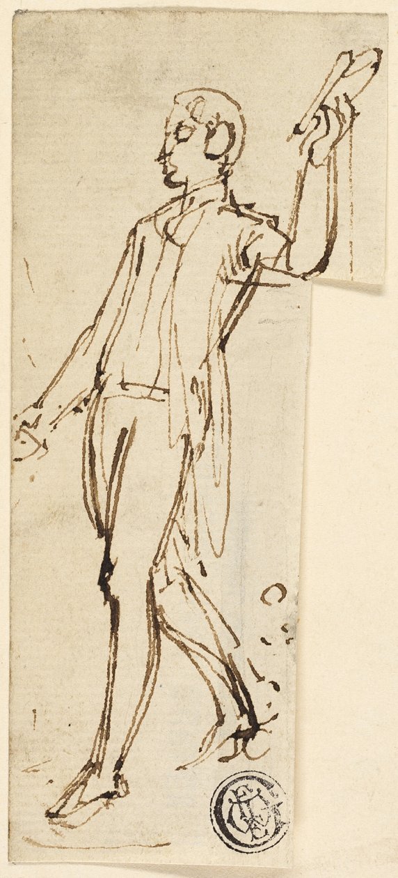 Skisse av stående mann med løftet arm av Thomas Stothard