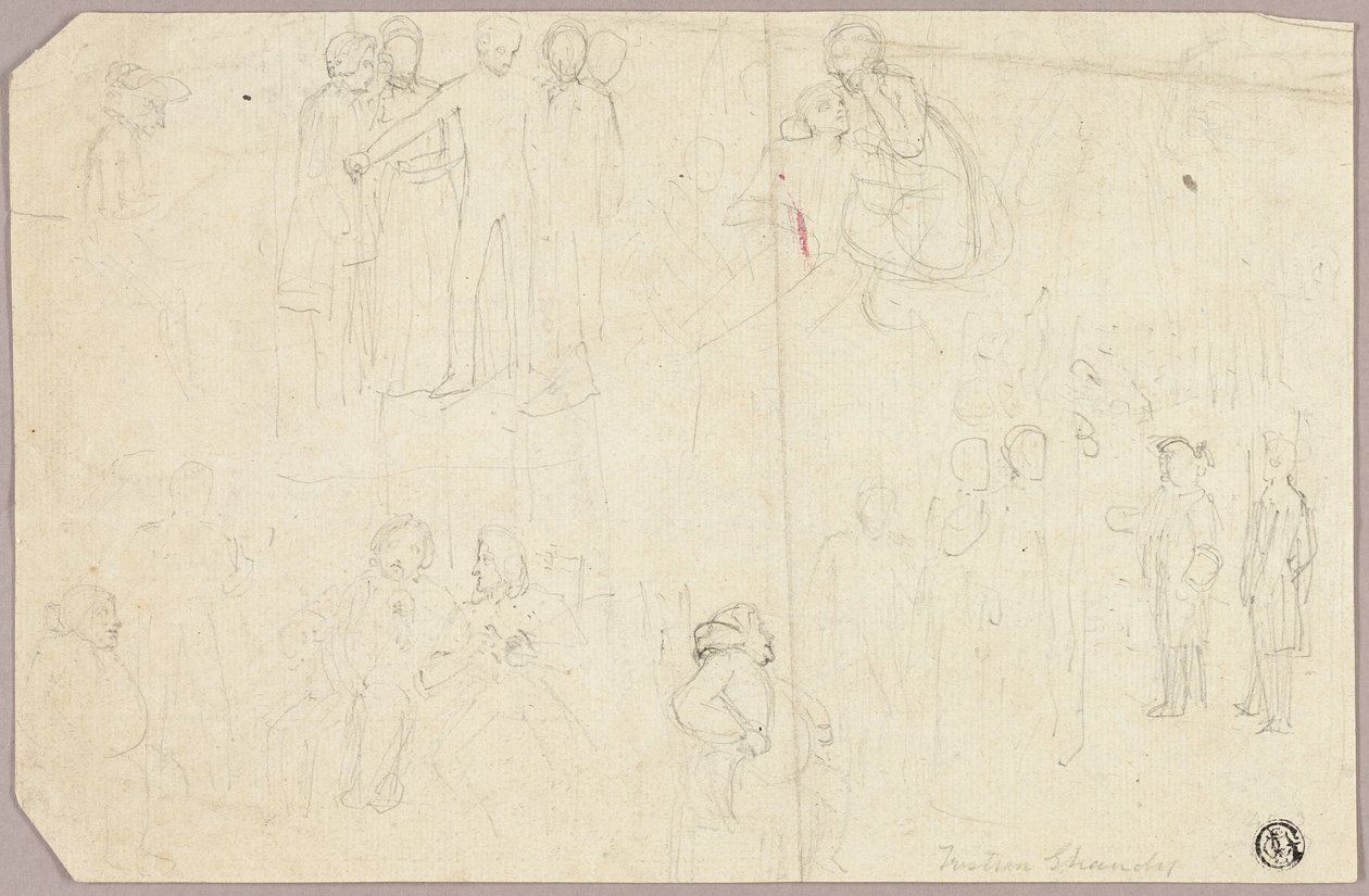 Skisser for Tristram Shandy (recto); Skisser av medaljong med sittende allegoriske figur (verso) av Thomas Stothard