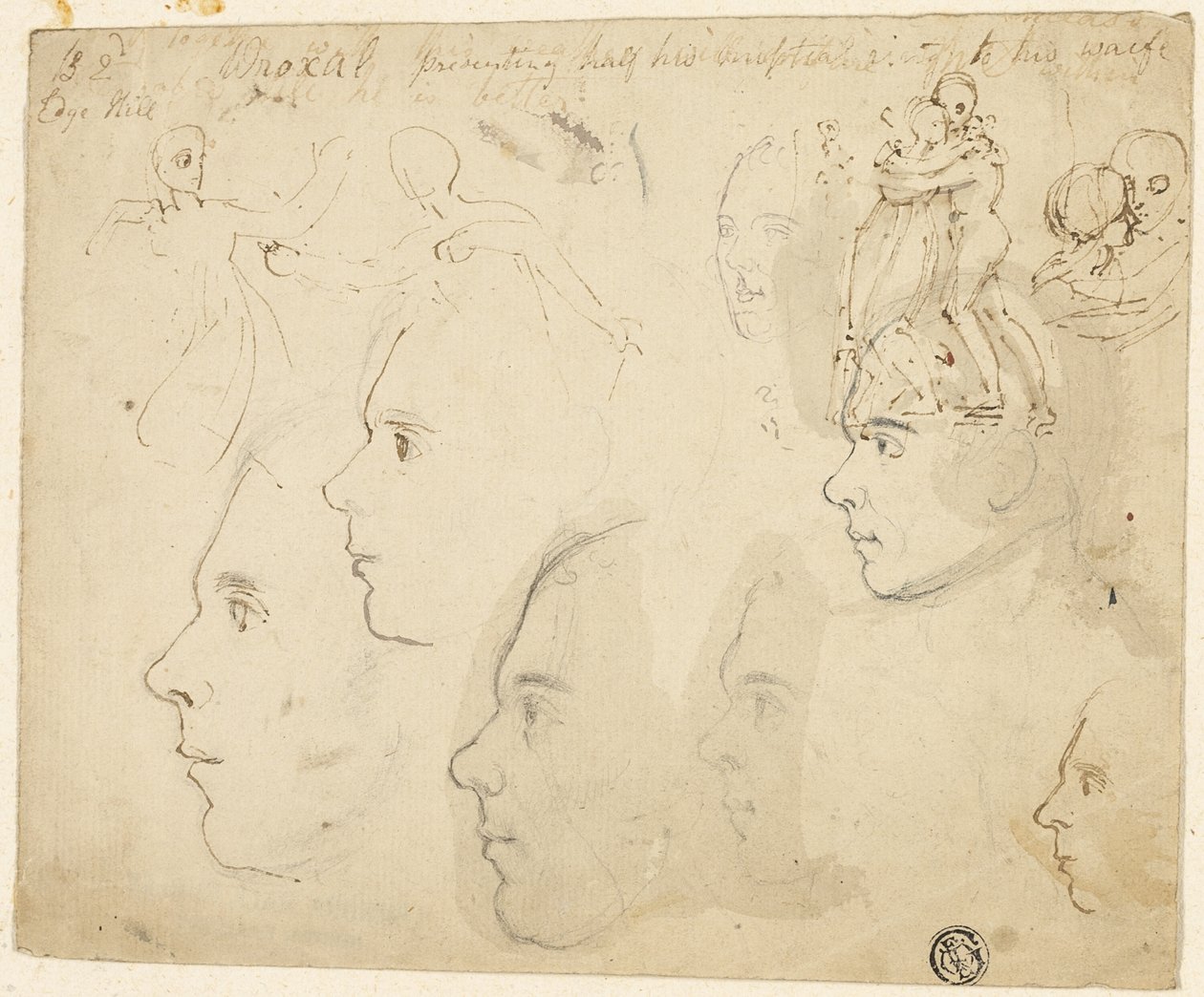 Skisser av mannlige profiler, omfavnende par av Thomas Stothard