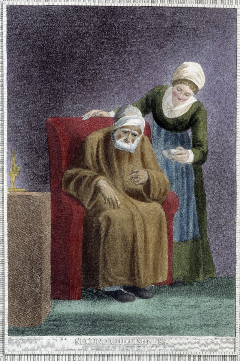 The Second Childhood (en syk vakt som tar seg av en veldig gammel mann) - i "" The 7 Ages of Man"" av Shakespeare, ill. av W. Broniley, London av Thomas Stothard