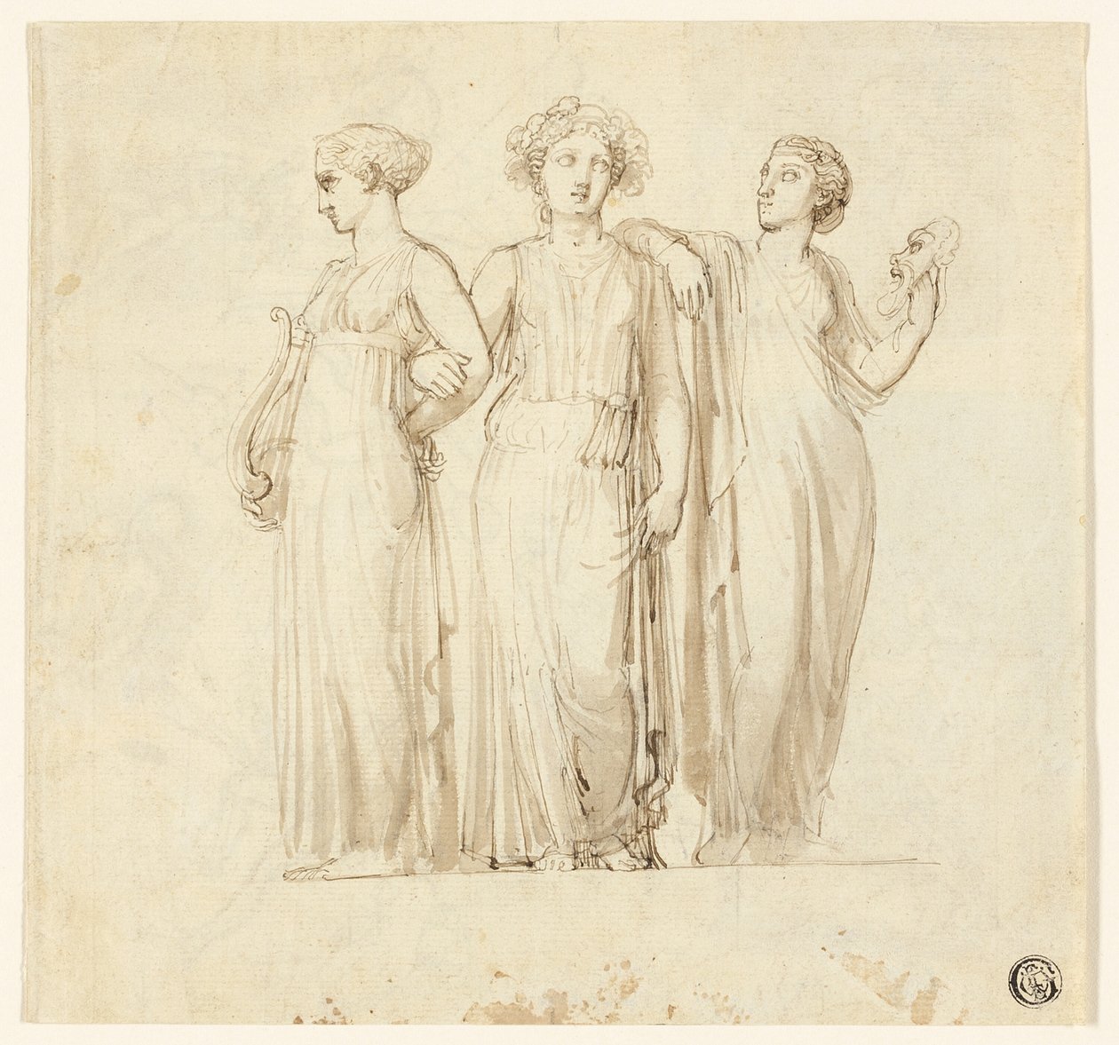 Tre muser (rekto); Studie av ridder og munk for en illustrasjon i en gotisk roman (verso) av Thomas Stothard