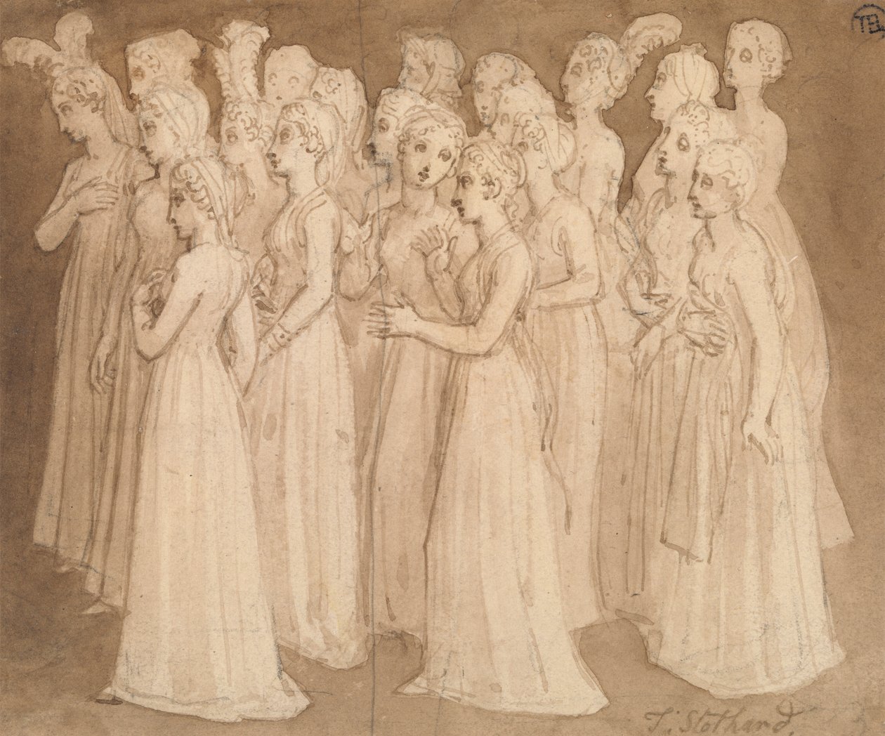Tjue unge jenter i en gruppe som går til venstre av Thomas Stothard