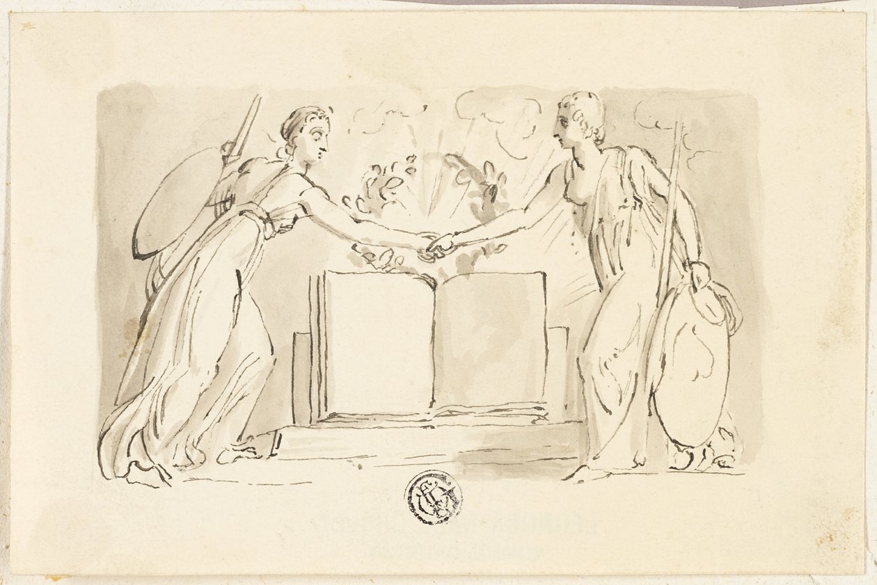 To allegoriske kvinnefigurer som slår hendene sammen før boken av Thomas Stothard