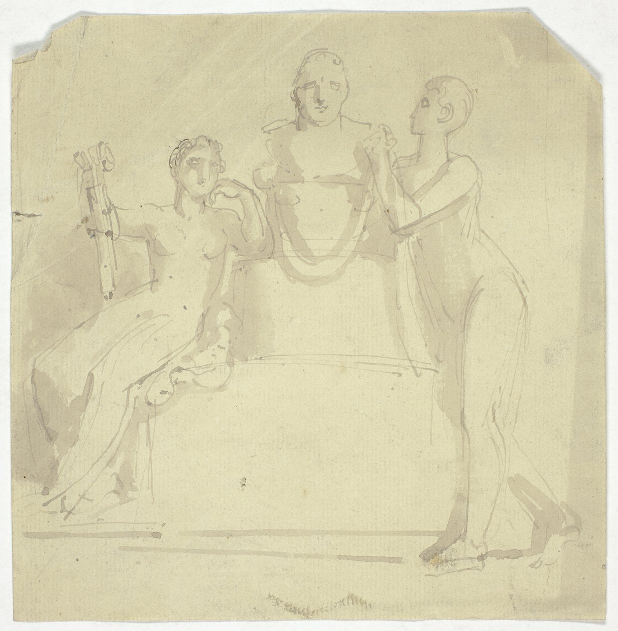 To kvinnelige figurer med en byste av Thomas Stothard