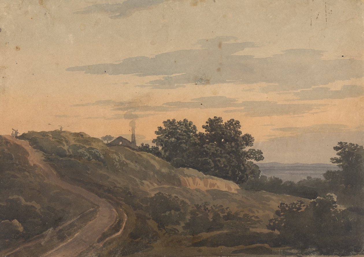 Kupert landskap med hus, sti og figurer av Thomas Sully