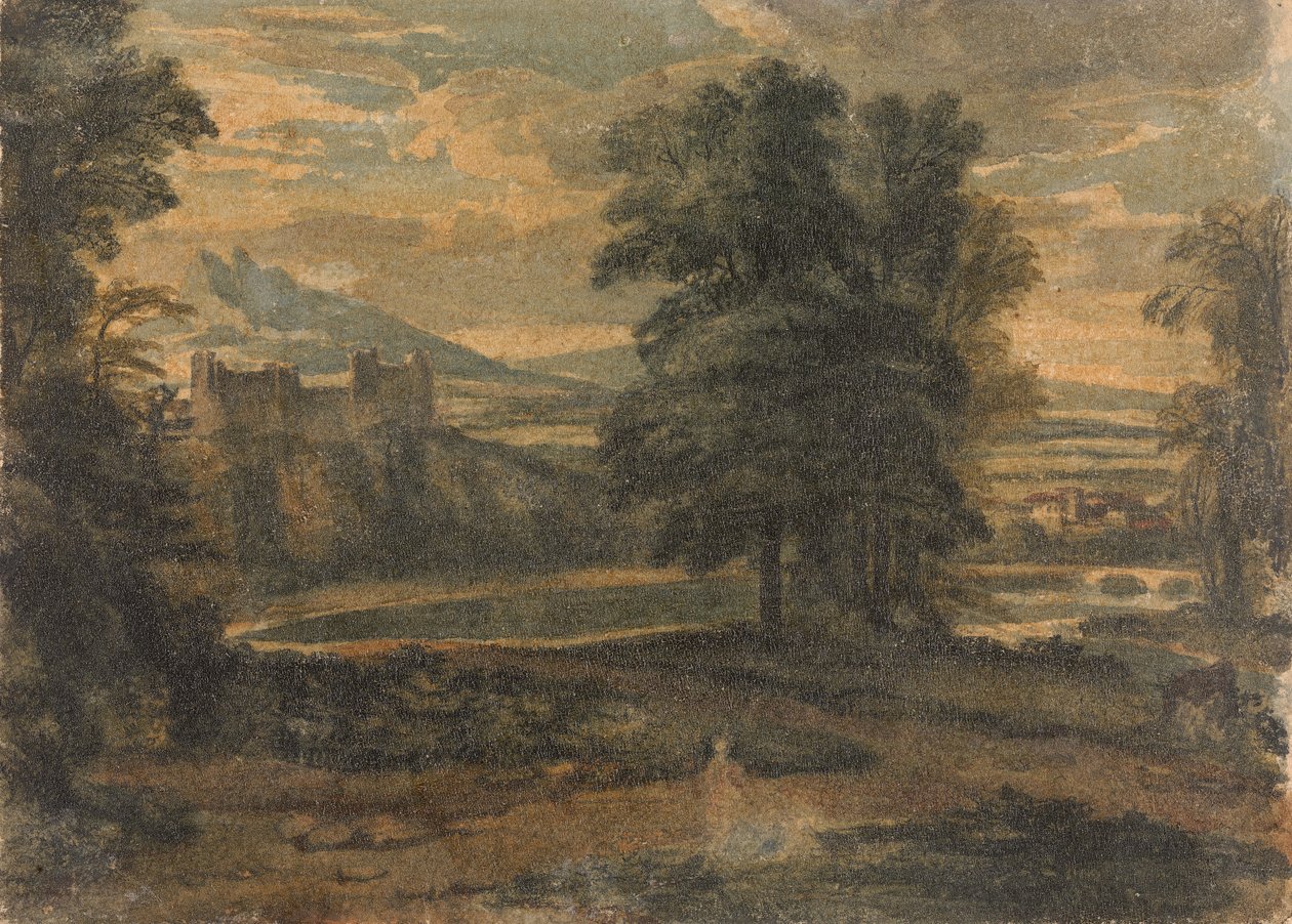 Landskap med fjell, slott, trær og innsjø av Thomas Sully