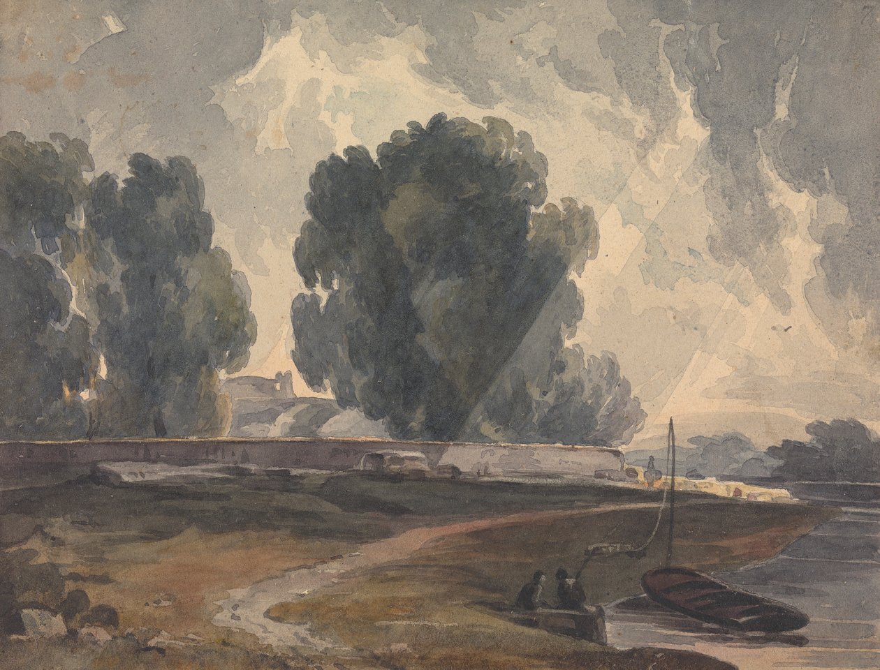 Landskap med trær og innsjø med figurer og båt av Thomas Sully