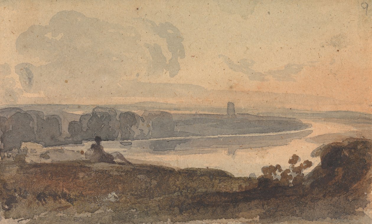 Landskap, med Winding River, Figur on Hill i forgrunnen av Thomas Sully