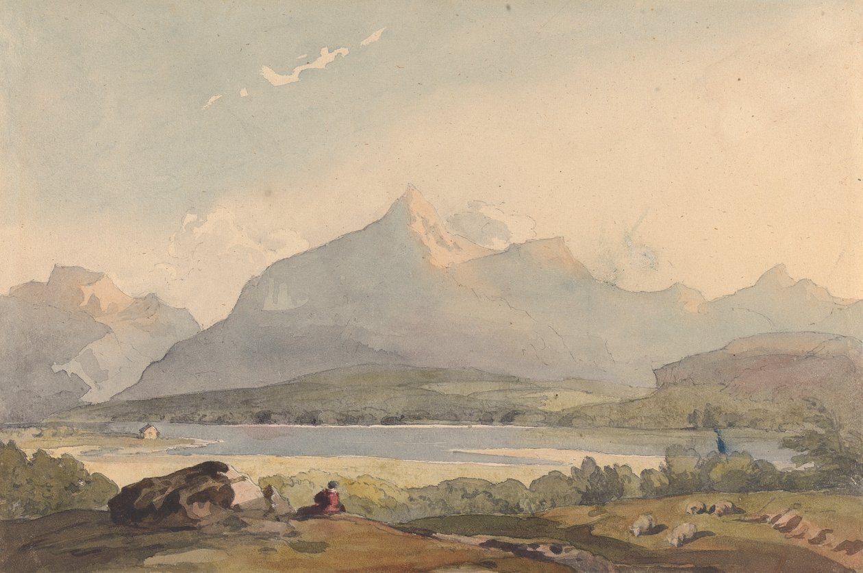 Fjelllandskap med innsjø og figur i forgrunnen av Thomas Sully