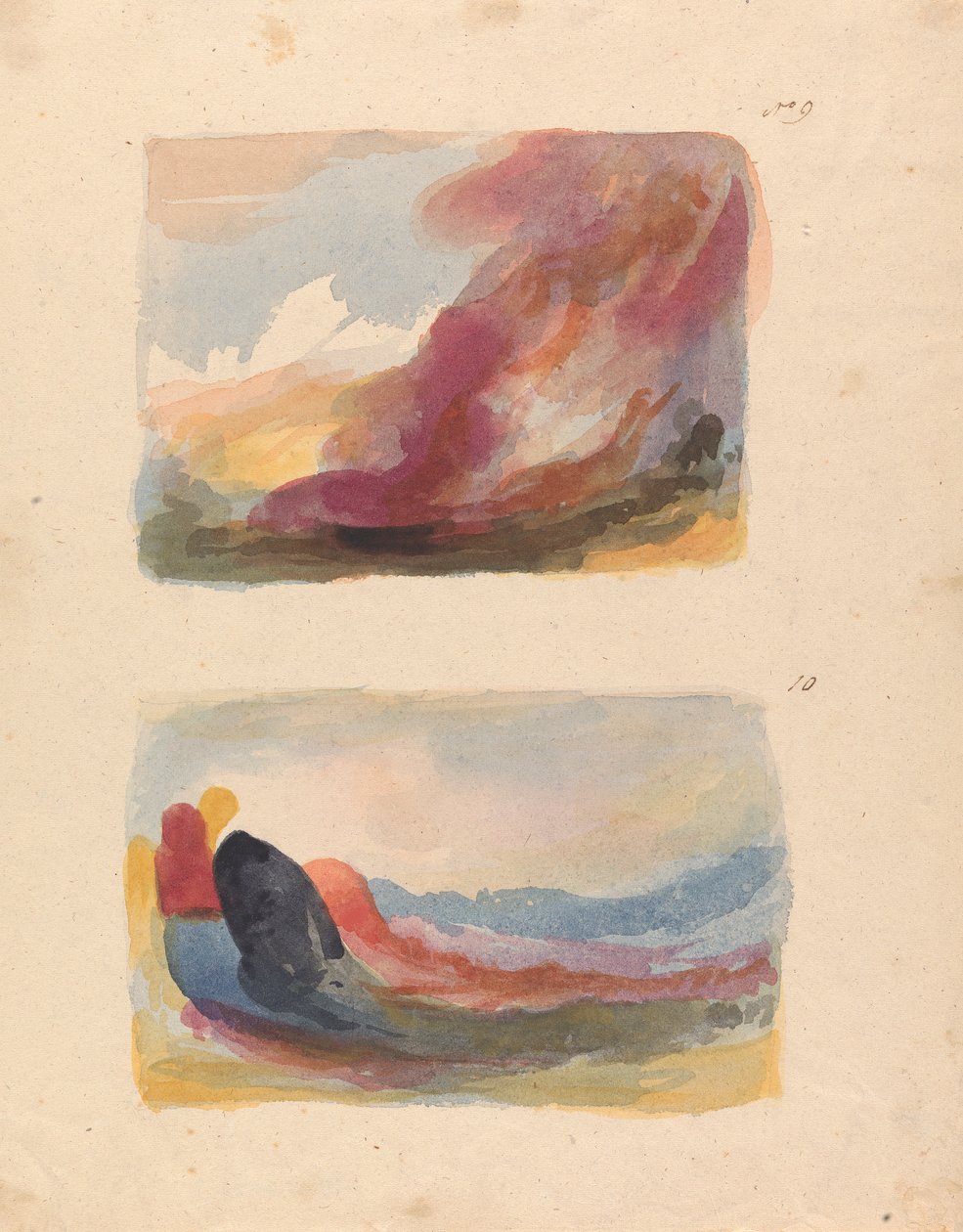 To tegninger på ett ark: Landskap - Fargevask, Titian (nr. 9); Landskap - fargevask, Rubens (nr. 10) av Thomas Sully