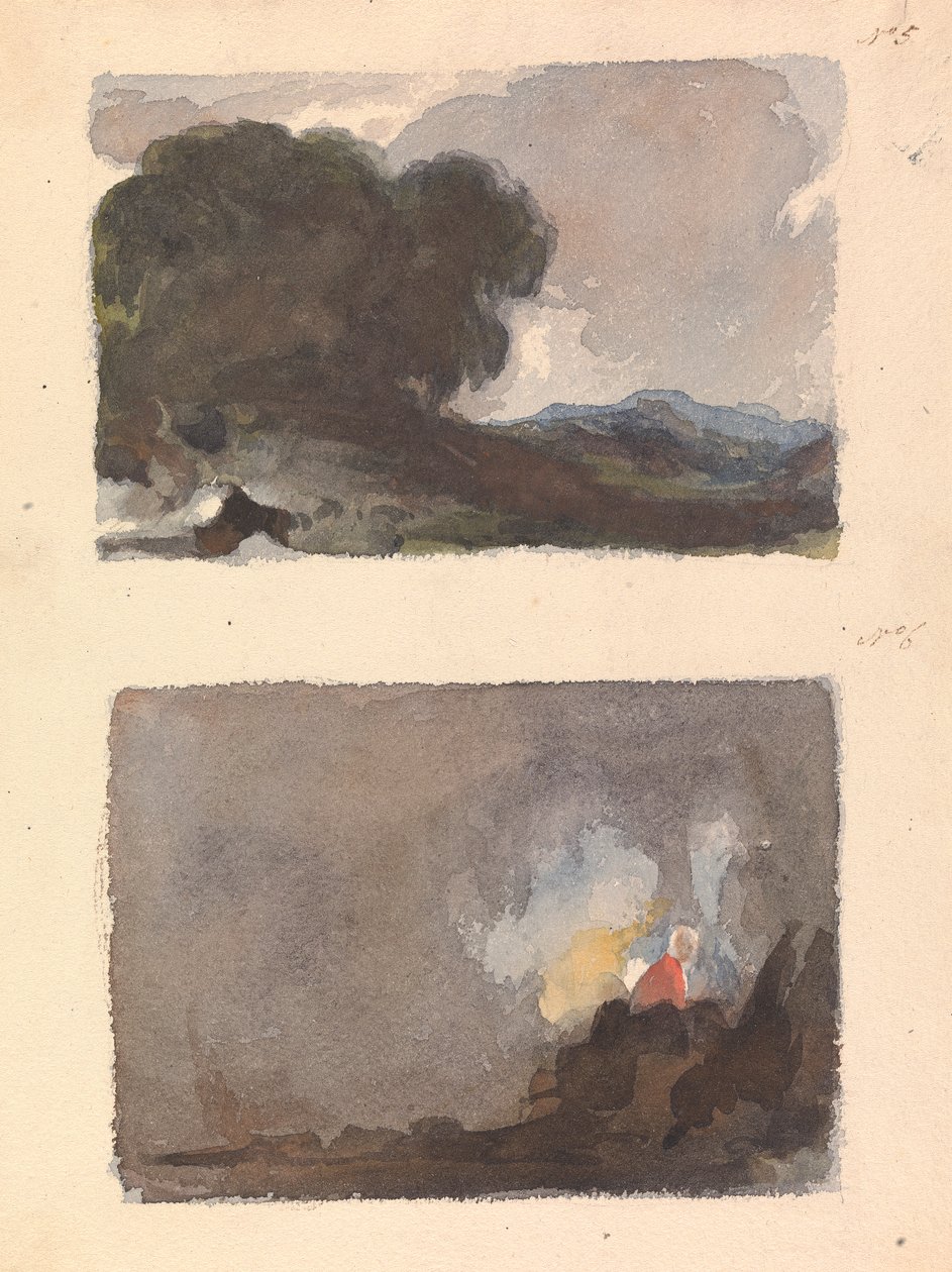 To tegninger på ett ark: Landskap med tre i forgrunnen og fjell i avstand - Hobbema og Ruysdaels prinsipp (nr. 5); Figur i interiørscene - Teniers og Ostades prinsipp (nr. 6) av Thomas Sully