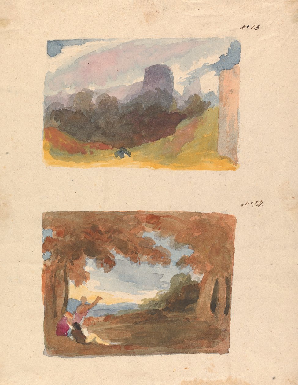 To tegninger på ett ark: Landskap med slott - moderne måte (nr. 13); Landskap med figurer i forgrunnen (nr. 14) av Thomas Sully