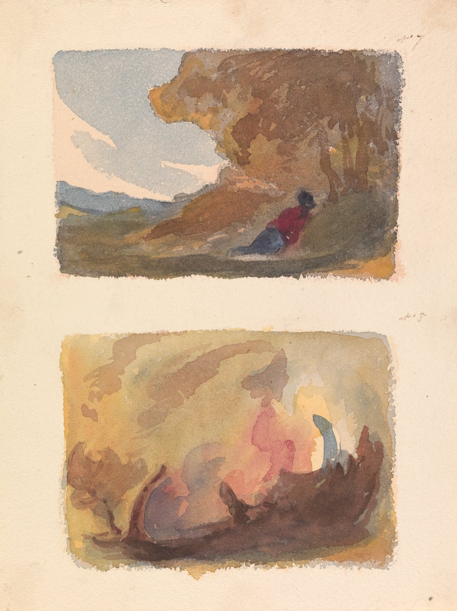 To tegninger på ett ark: Landskap med figur tilbakelent mot bakken - Tizian og venetiansk skole (nr. 7); Landskap - Variasjon av akvarellvaskinger (nr. 8) av Thomas Sully