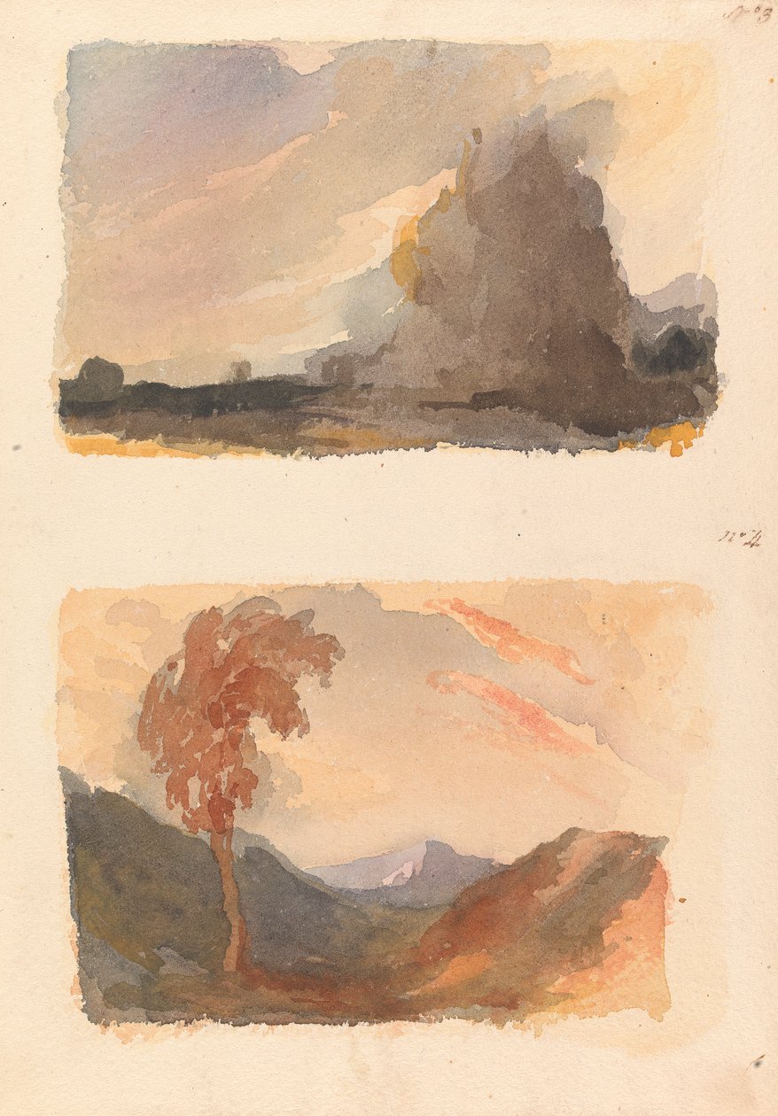 To tegninger på ett ark: Landskap med stor klippe i forgrunnen - Cuyps prinsipp (nr. 3); Landskap med tre i forgrunnen, fjell i avstand - Begges prinsipp (nr. 4) av Thomas Sully