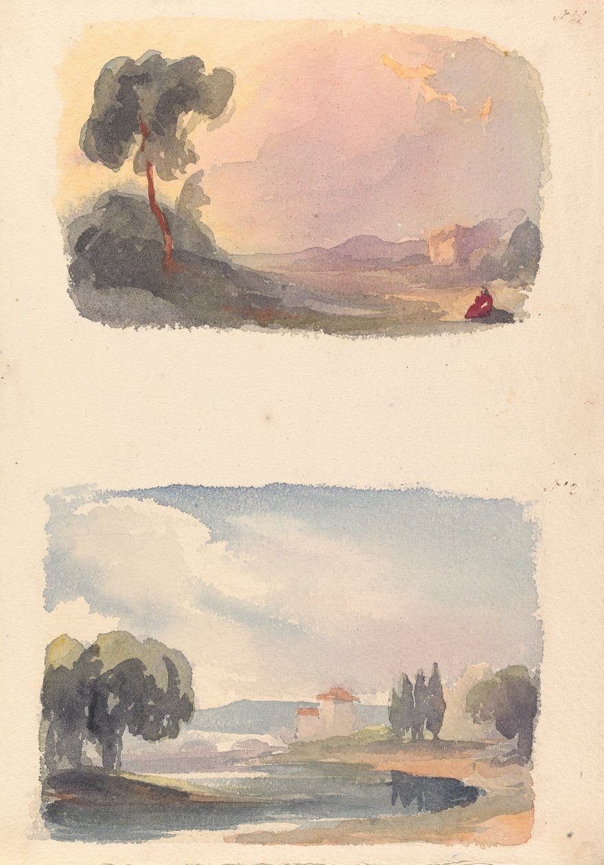 To tegninger på ett ark: Landskap med fjell i avstand og sittende figurer i forgrunnen (nr. 1); Landskap med elv og bygning, fjell i avstand (nr. 2) av Thomas Sully