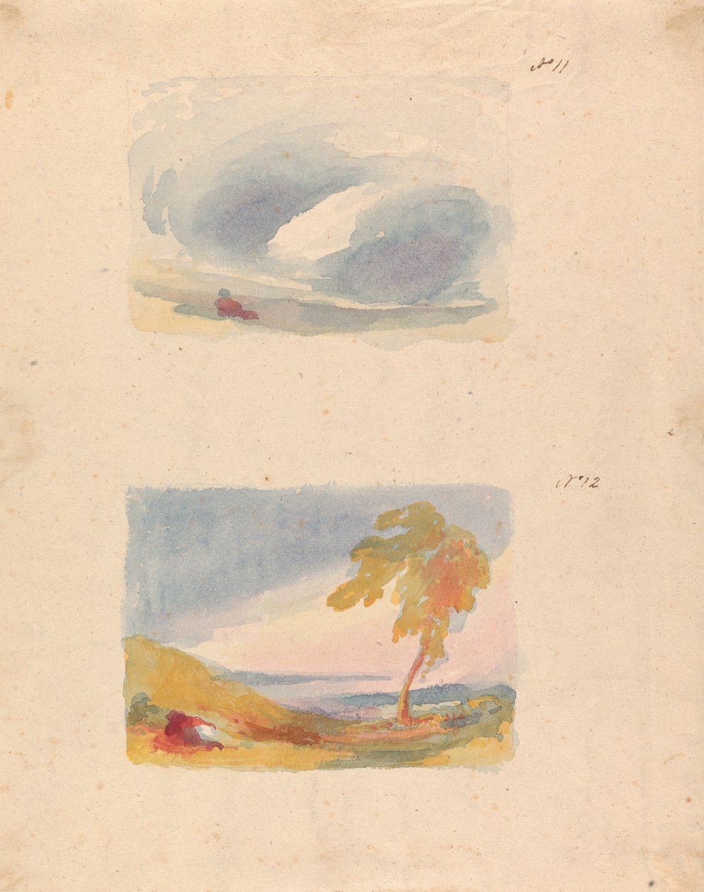 To tegninger på ett ark: Sky Study - Turner's Principle (nr. 11); Landskap med bakker og tre (nr. 12) av Thomas Sully