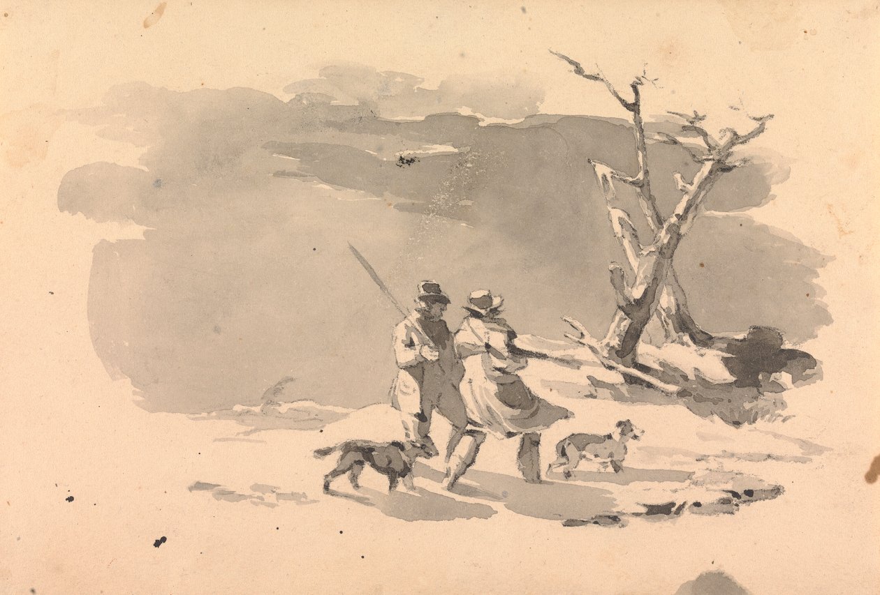 To jegere og to hunder i vinterscene av Thomas Sully