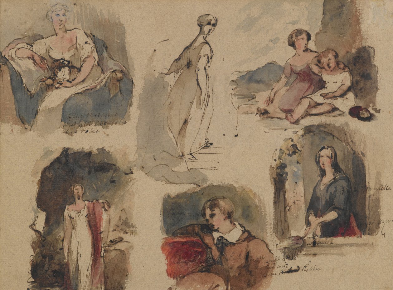 [Uten tittel] (Six Figure Studies), ca. 1830-tallet (jern galleblekk & wc på beige, middels vekt, moderat teksturert antikt lagt papir) (recto) av Thomas Sully