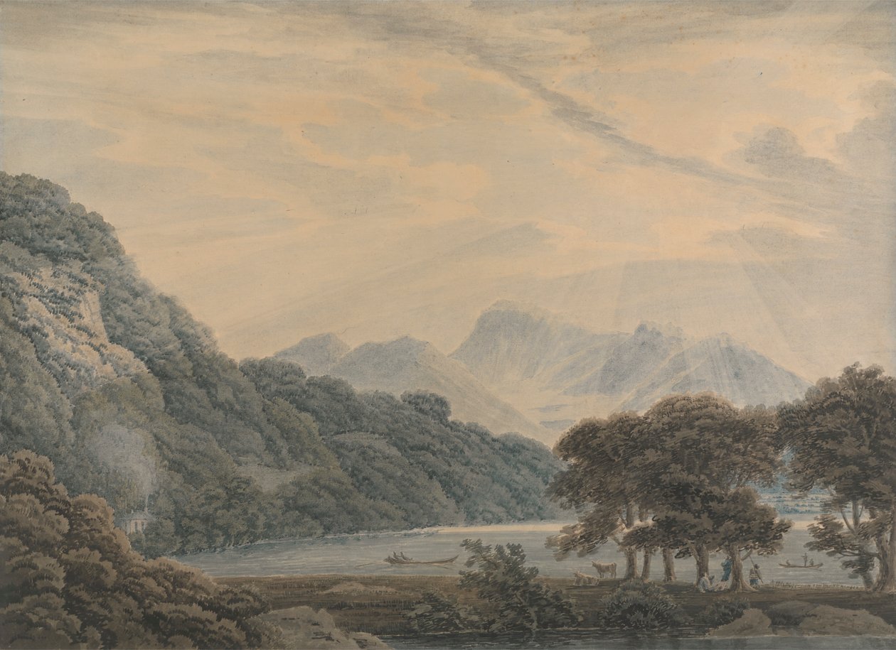 Lederen av Ullswater, med Lodge of Patterdale til venstre av Thomas Sunderland