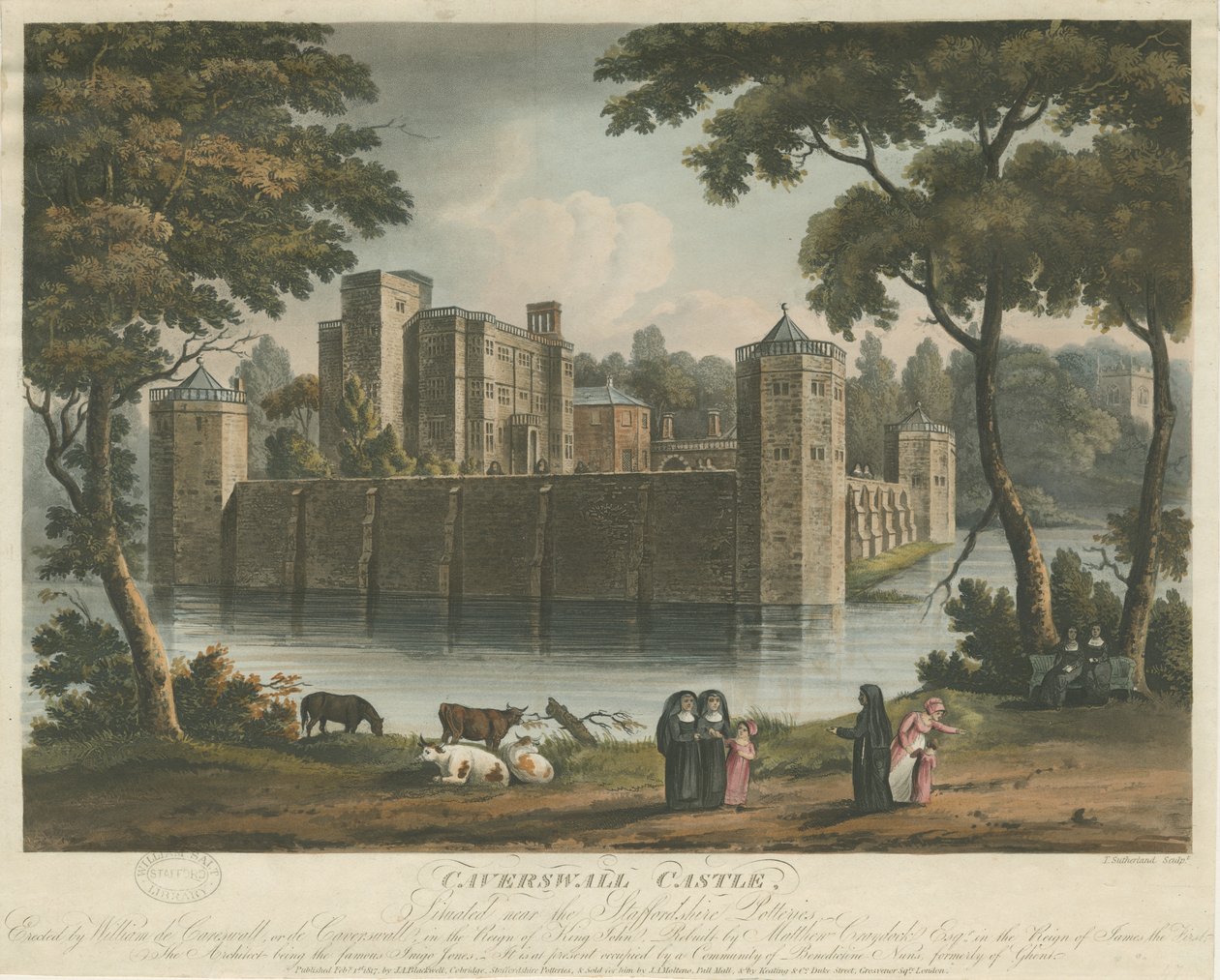 Caverswall Castle: farget akvatintgravering, 1. februar 1817 av Thomas Sutherland