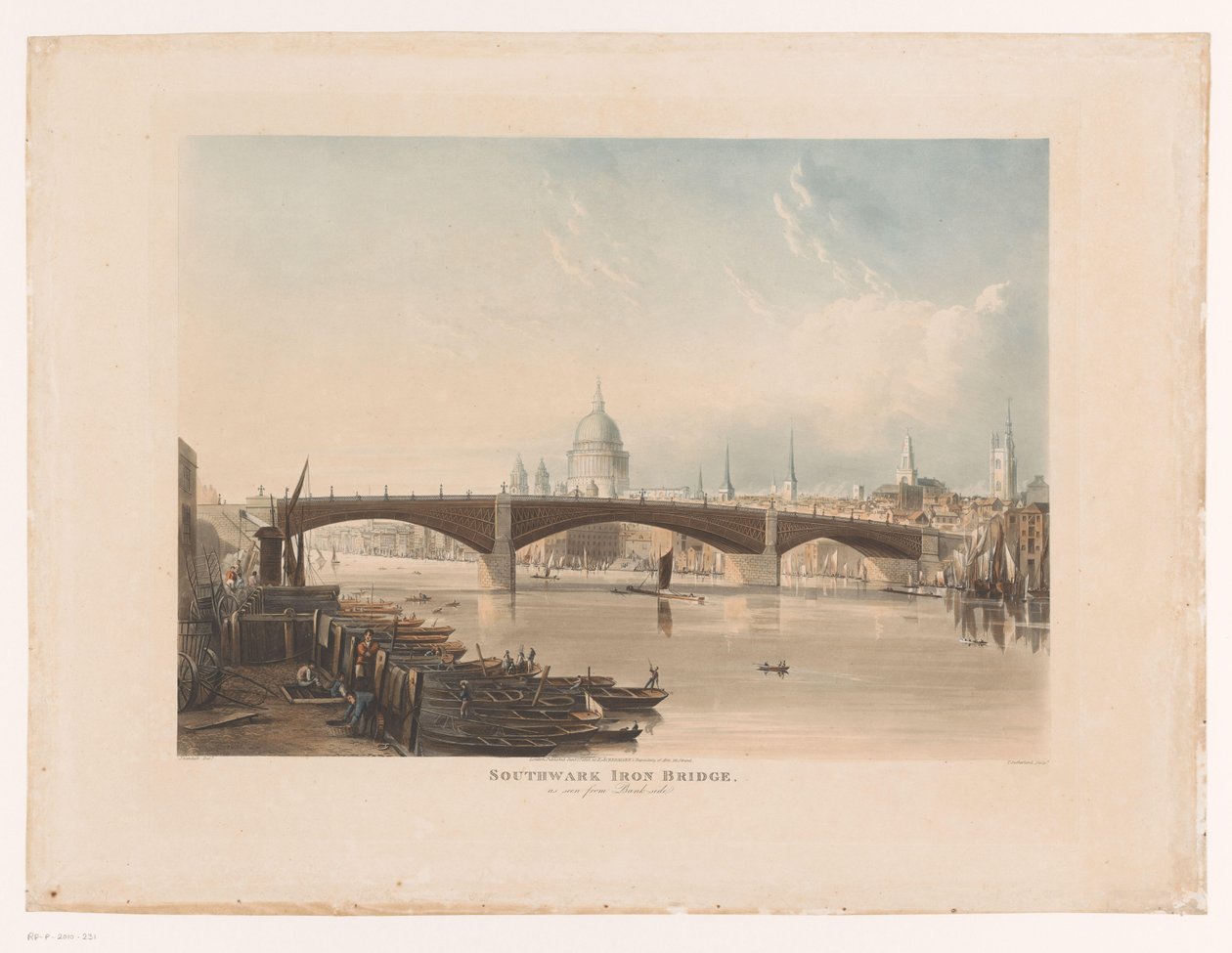 Utsikt over Southwark Iron Bridge, London Southwark Iron Bridge, sett fra Bank-Side (tittel på objekt) av Thomas Sutherland