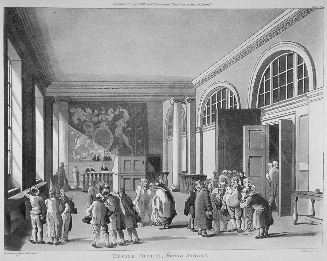 Interiør av avgiftskontoret, Old Broad Street, City of London, 1810 av Thomas Sutherland
