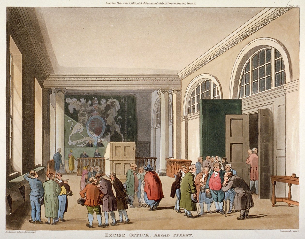 Interiør av avgiftskontoret, Old Broad Street, City of London, 1810 av Thomas Sutherland