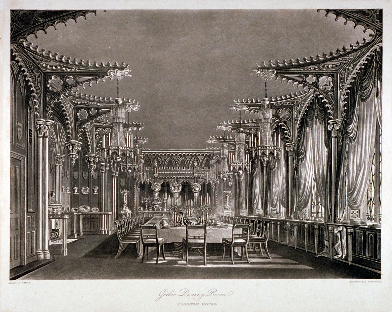 Innvendig utsikt over den gotiske spisestuen i Carlton House, Westminster, London, 1819 av Thomas Sutherland