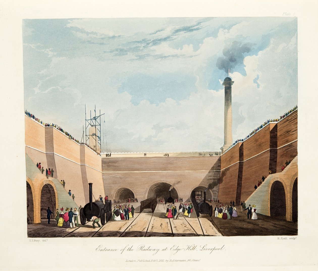Inngangen til jernbanen ved Edge Hill, Liverpool, 1831 (håndfarget gravering) av Thomas Talbot Bury