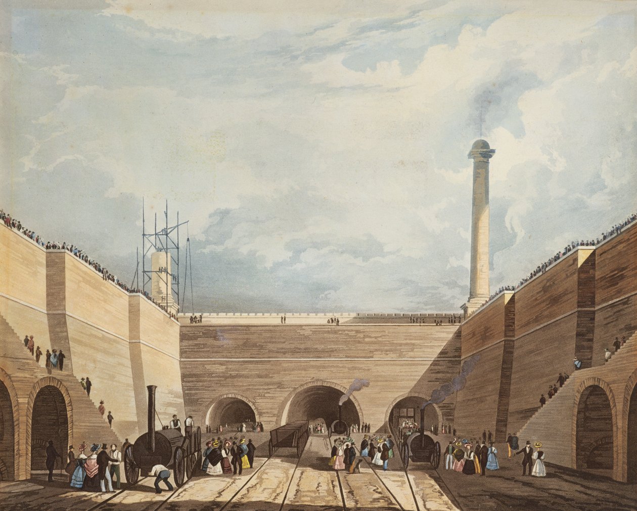 Inngangen til jernbanen ved Edge Hill, Liverpool, gravert av H. Pyall, 1831 (håndfarget etsning og akvatint) av Thomas Talbot Bury
