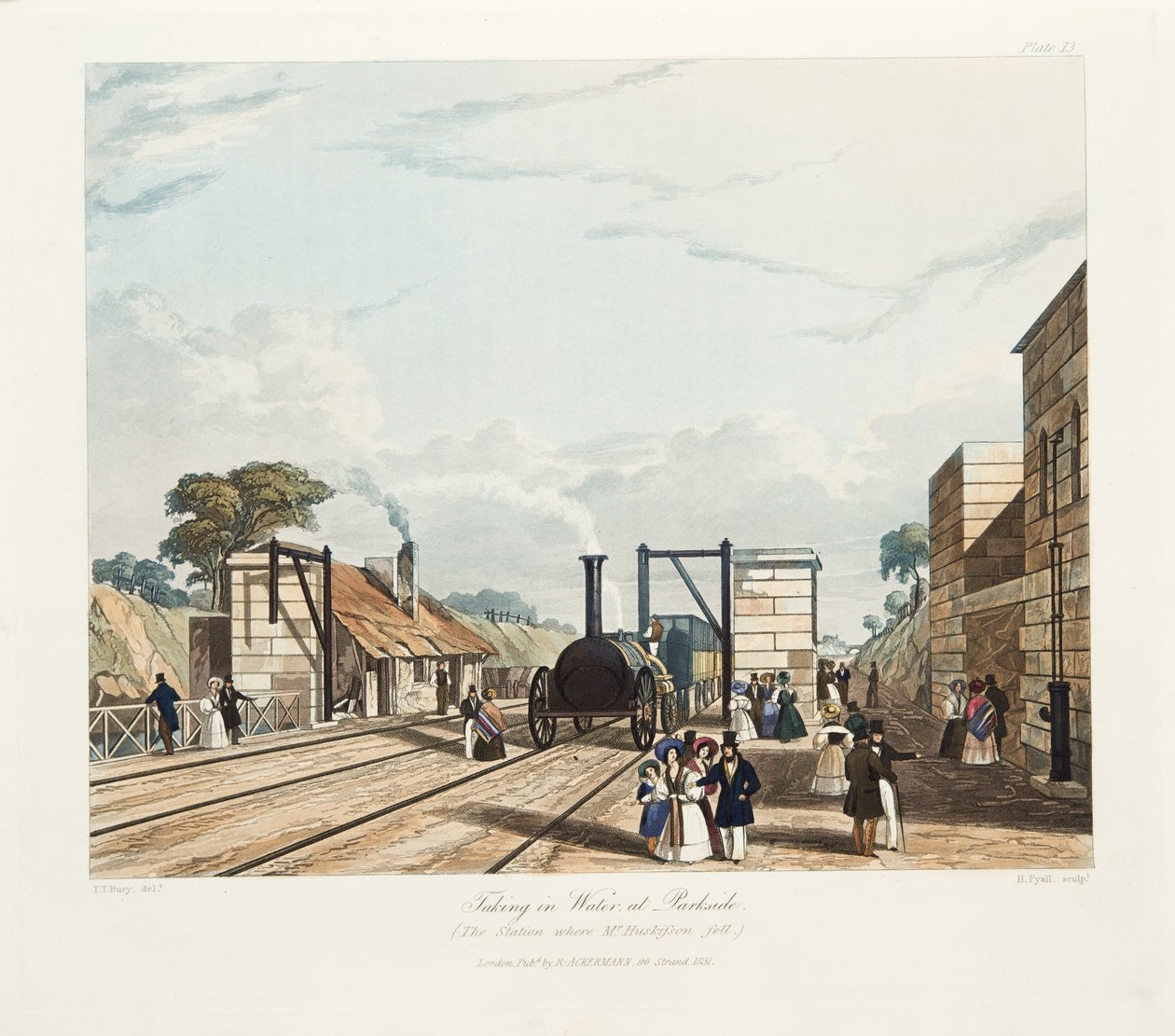 Taking in Water, at Parkside (Stasjonen der Mr Huskisson falt), publisert 1831 (håndfarget gravering) av Thomas Talbot Bury
