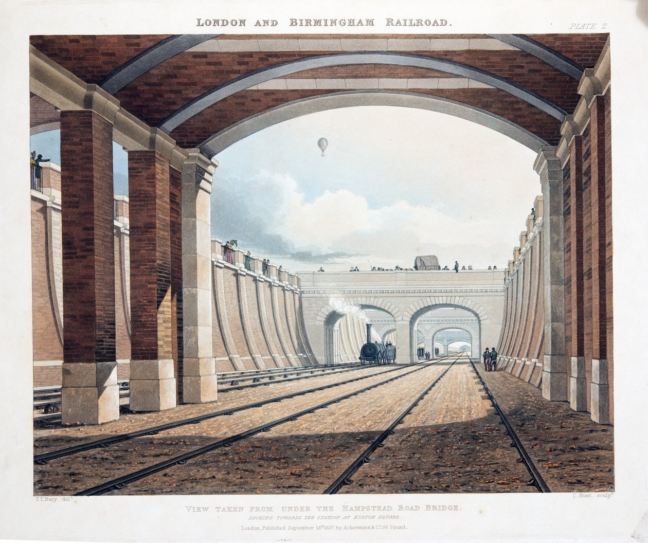 Utsikt tatt fra Under Hampstead Road Bridge, ser mot stasjonen ved Euston Square, 1837 (håndfarget gravering) av Thomas Talbot Bury