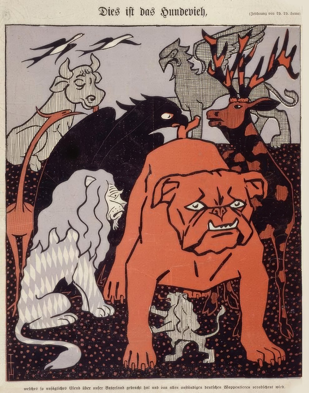 Dette er hundekyrene som har brakt så ubeskrivelig elendighet til vårt fedreland og avskys av alle anstendige tyske heraldiske dyr av Thomas Theodor Heine